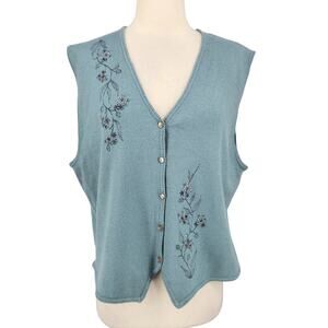 Koret Blue Embroidered Vest – Size Large – 90s / Y2K Grannie Grandma Countryside